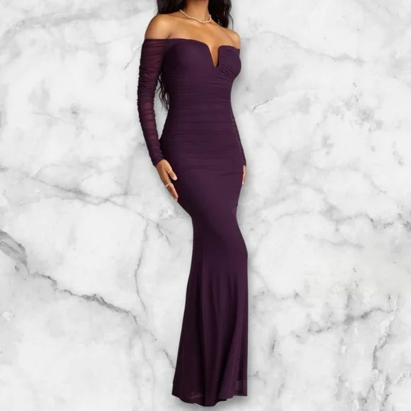 NWT Windsor Marla Mesh Off-The-Shoulder Formal Dress Size Large Purple Plum Long - Picture 2 of 12